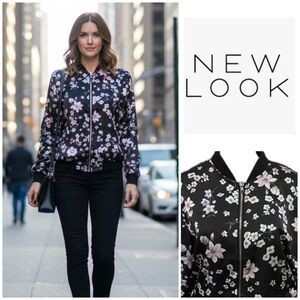 New Look Black Bomber Jacket with Pink Floral Print